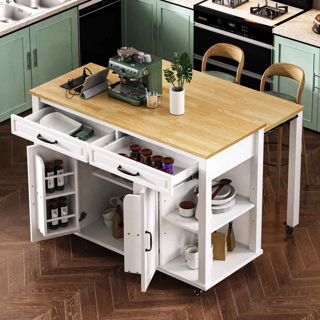 47" White Wood Rolling Kitchen Island With Storage