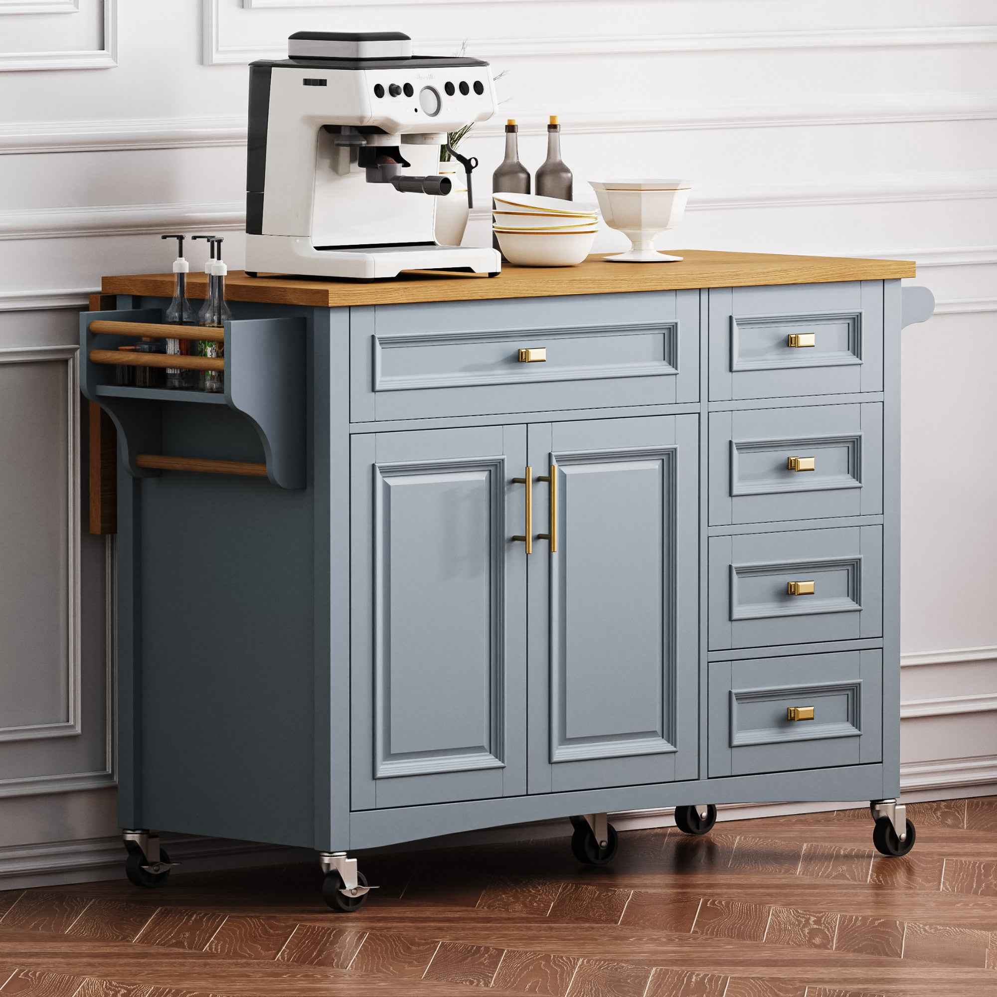 52" Light Blue Wood Rolling Kitchen Island