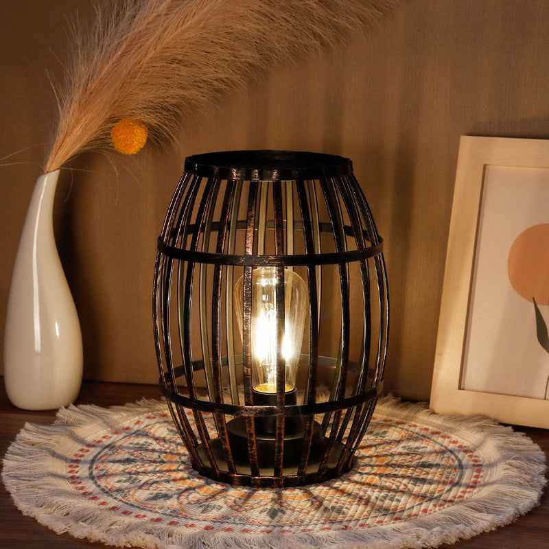 8" Black Battery Operated Novelty Bedside Lamp With Cage Shade