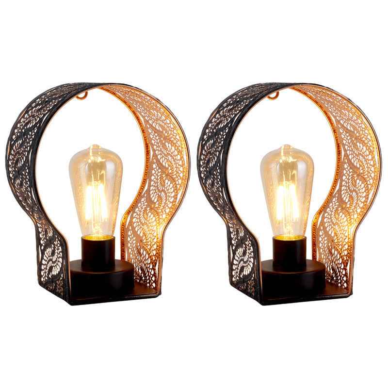 7" Black Battery Operated Round Bedside Lamp With Pierced Shade