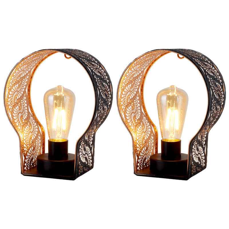 7" Black Battery Operated Round Bedside Lamp With Pierced Shade