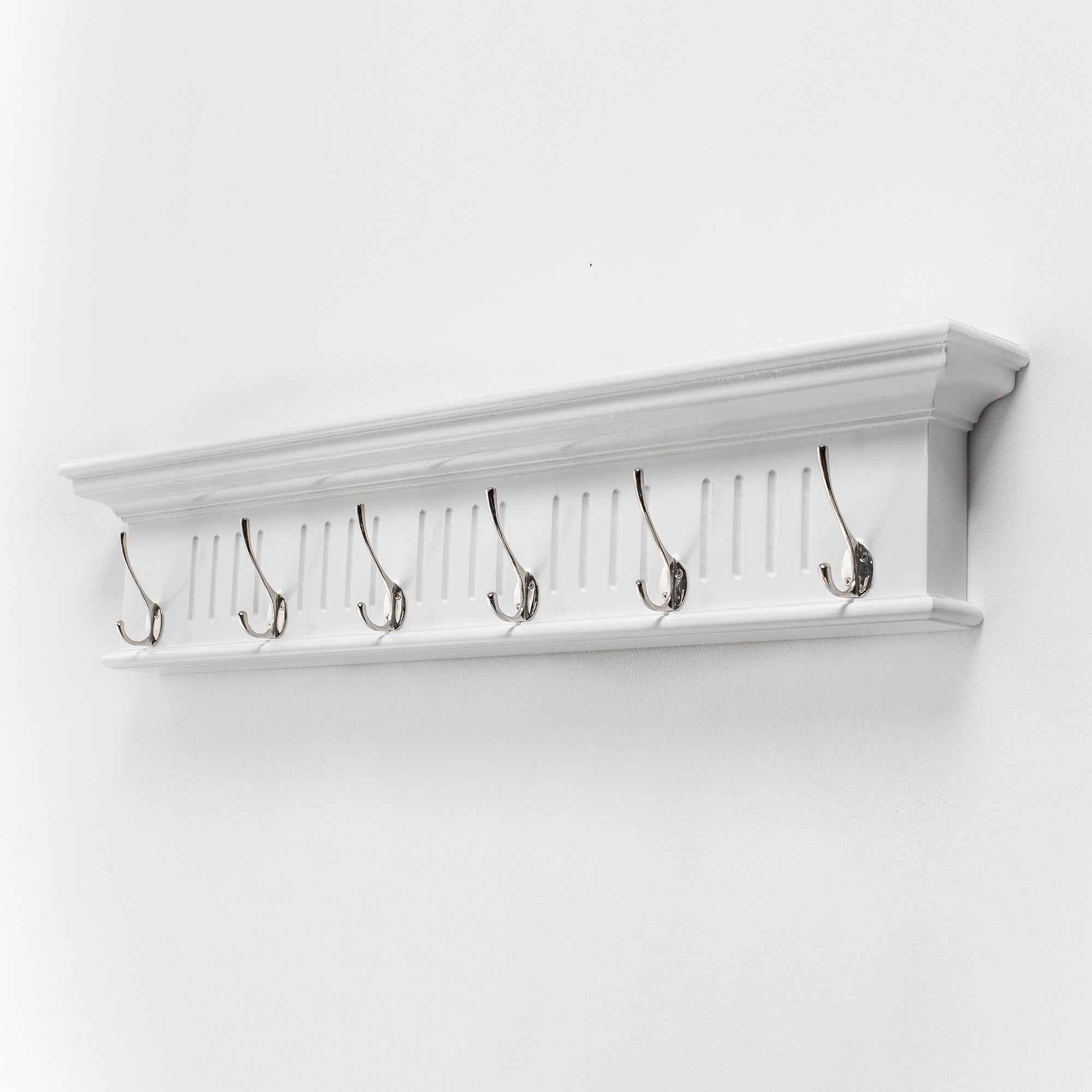 39" White Solid Wood Six Hook Wall Mount Coat Rack