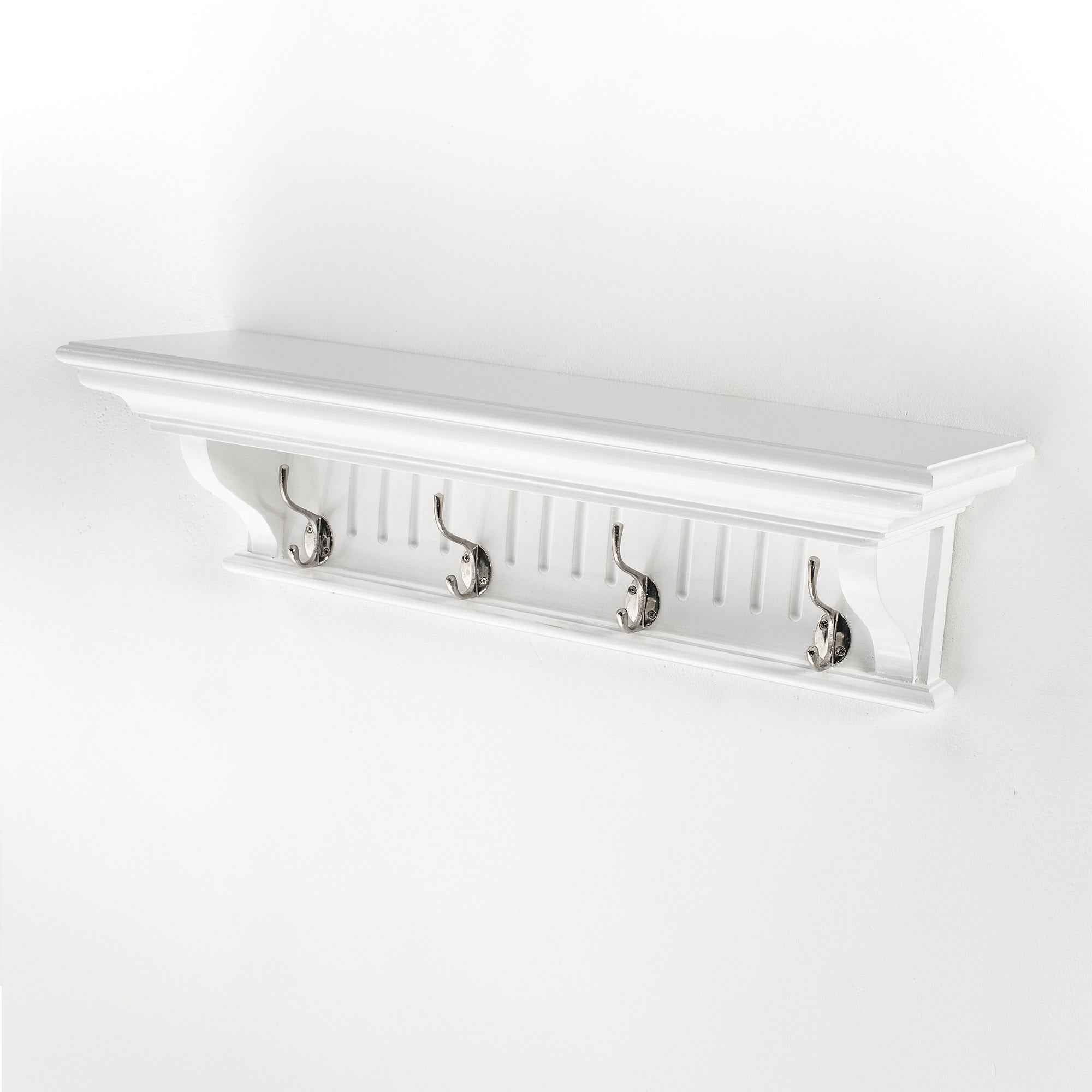 28" White Solid Wood Four Hook Wall Mount Coat Rack