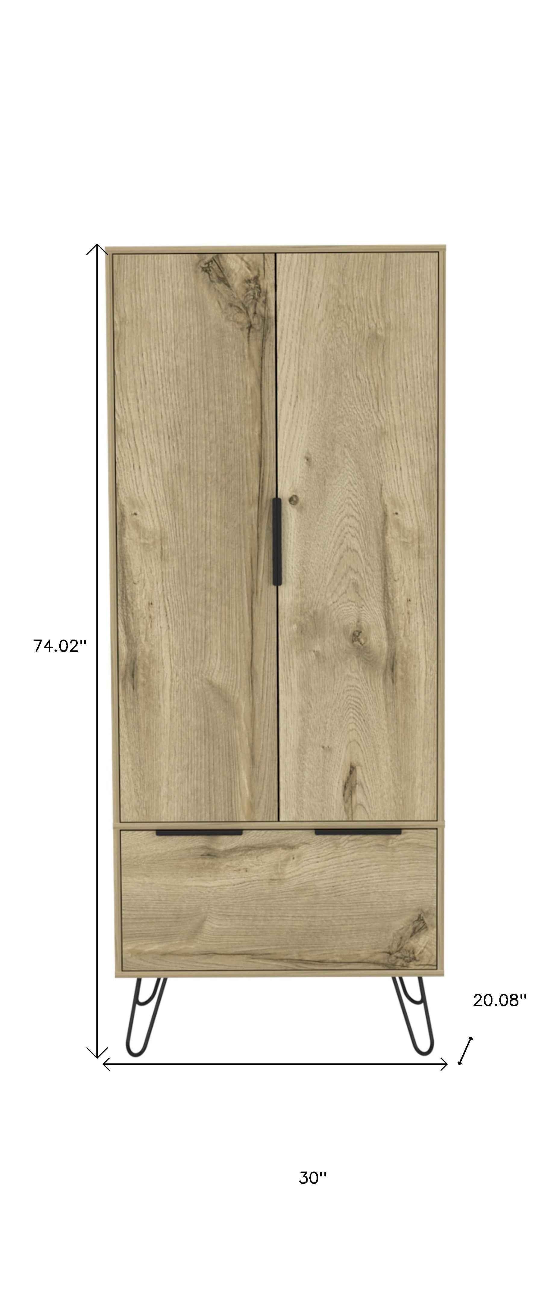 74" Oak Wood Two Door Single Drawer Combo Dresser