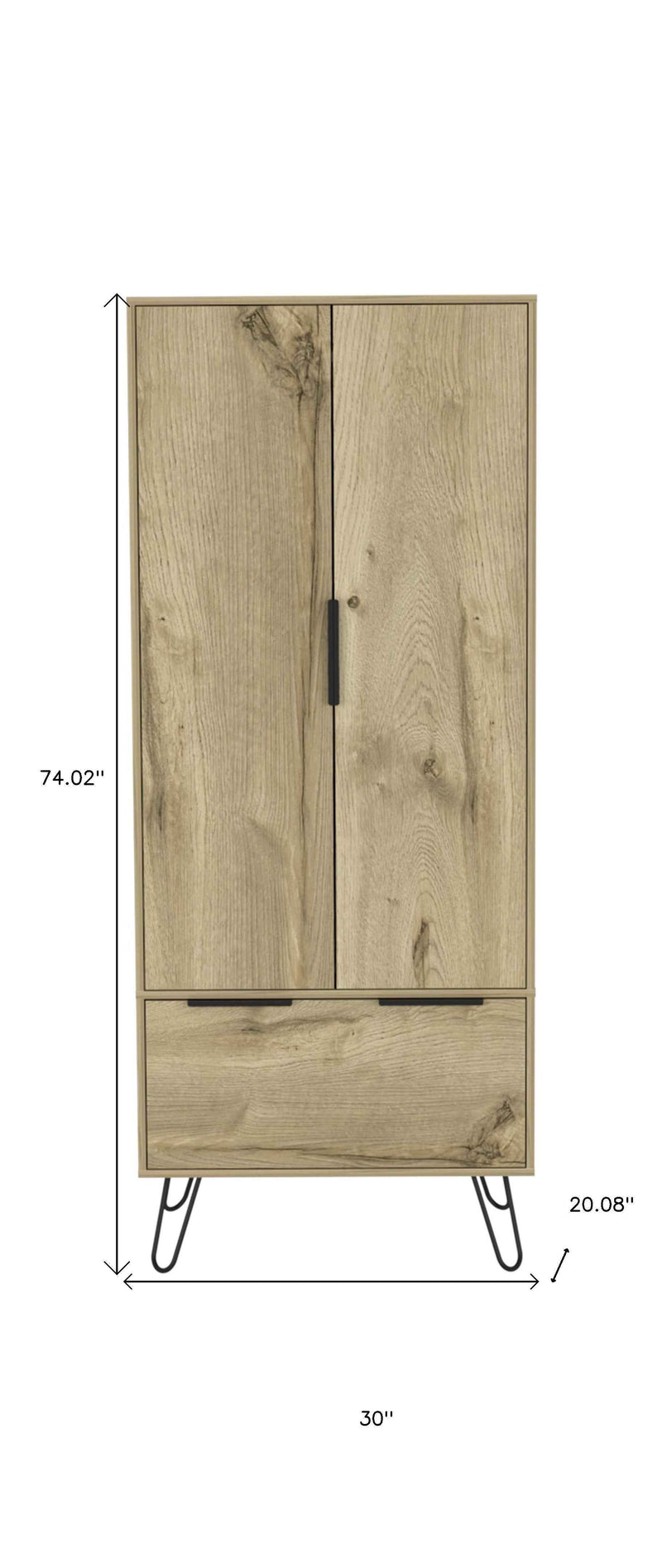 74" Oak Wood Two Door Single Drawer Combo Dresser