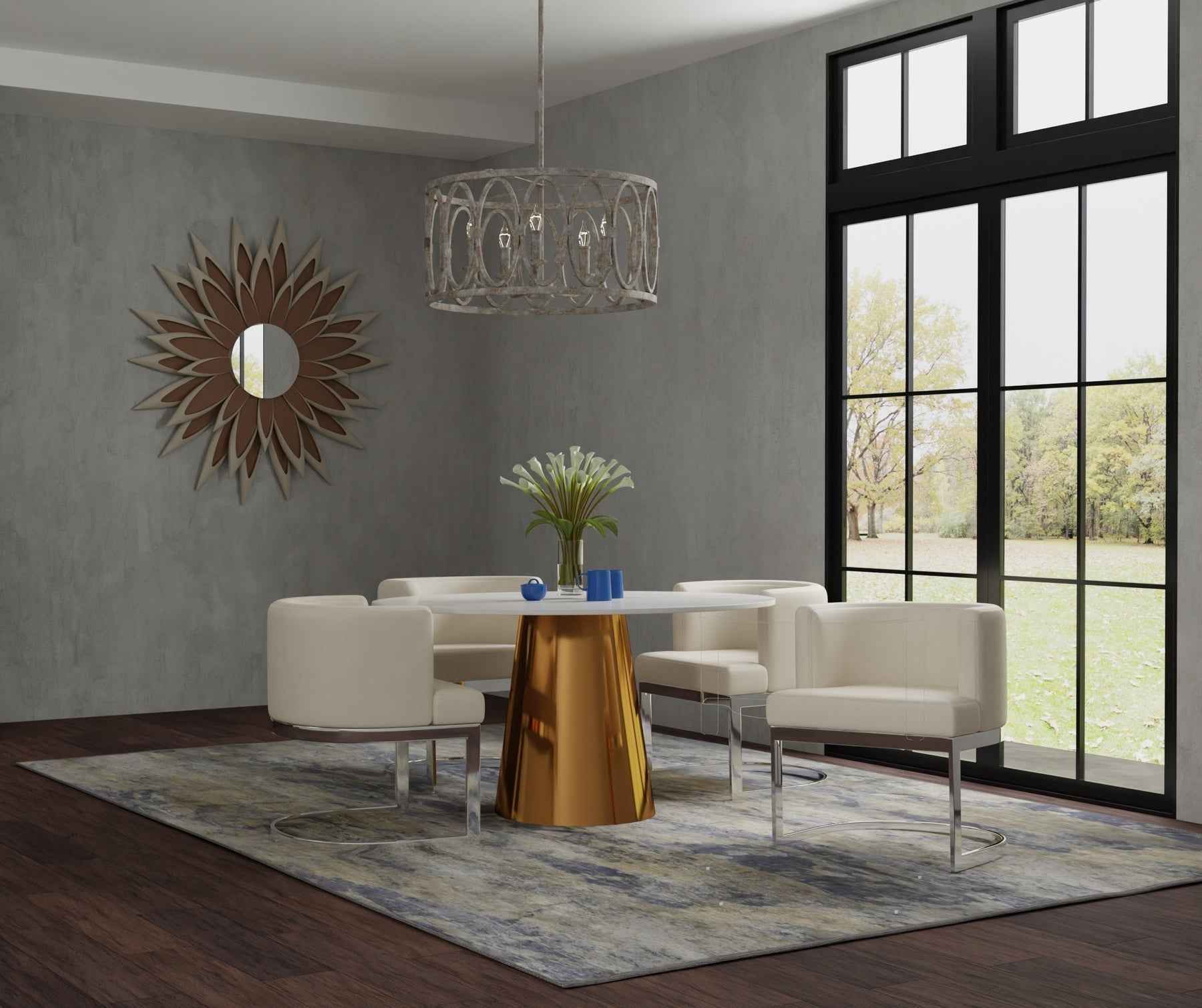 54" Gray White and Gold Marble and Metal Pedestal Base Round Top Dining Table