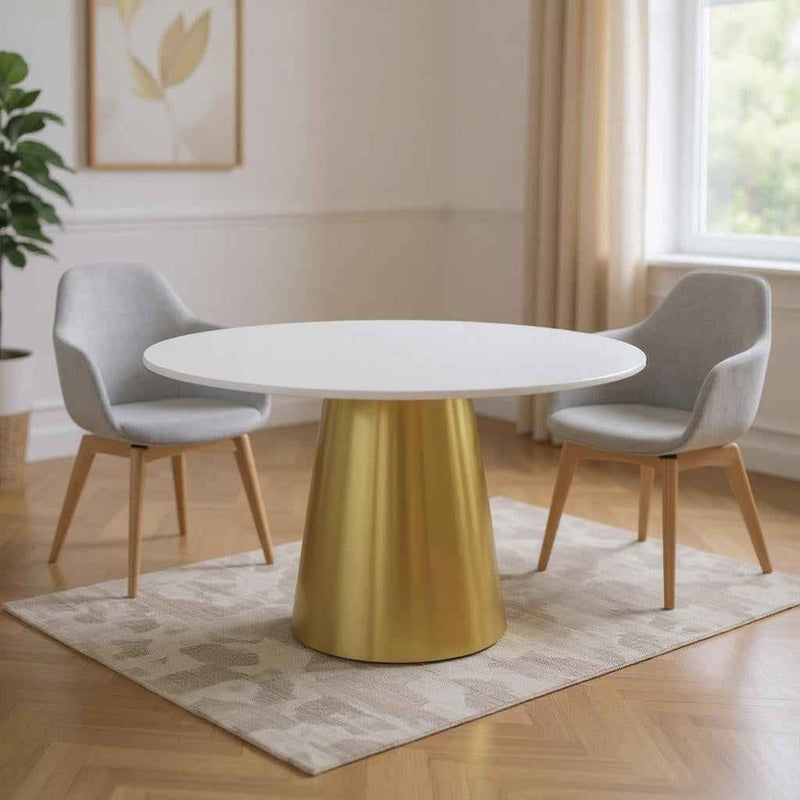 54" Gray White and Gold Marble and Metal Pedestal Base Round Top Dining Table