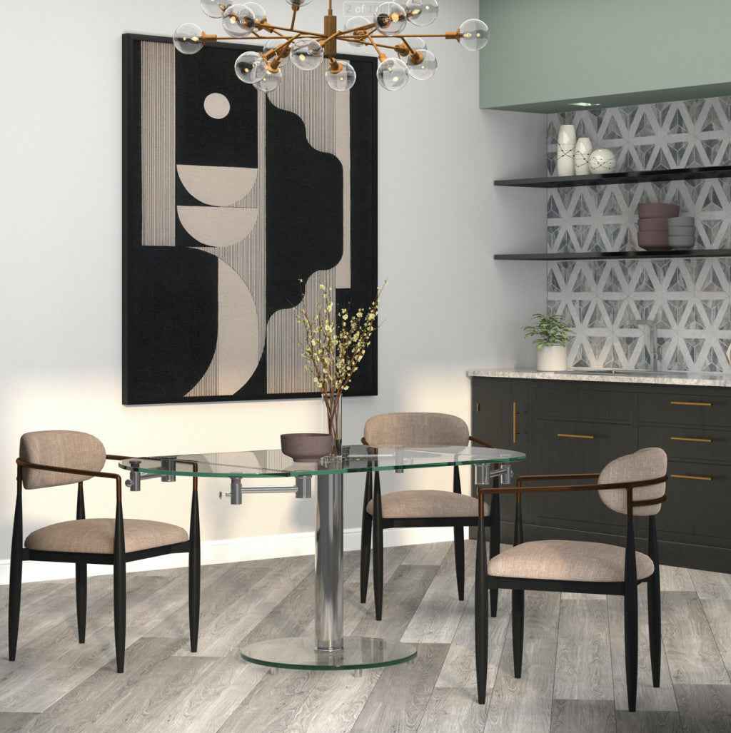 50" Clear And Silver Glass And Metal Self-Storing Leaf Pedestal Base Dining Table