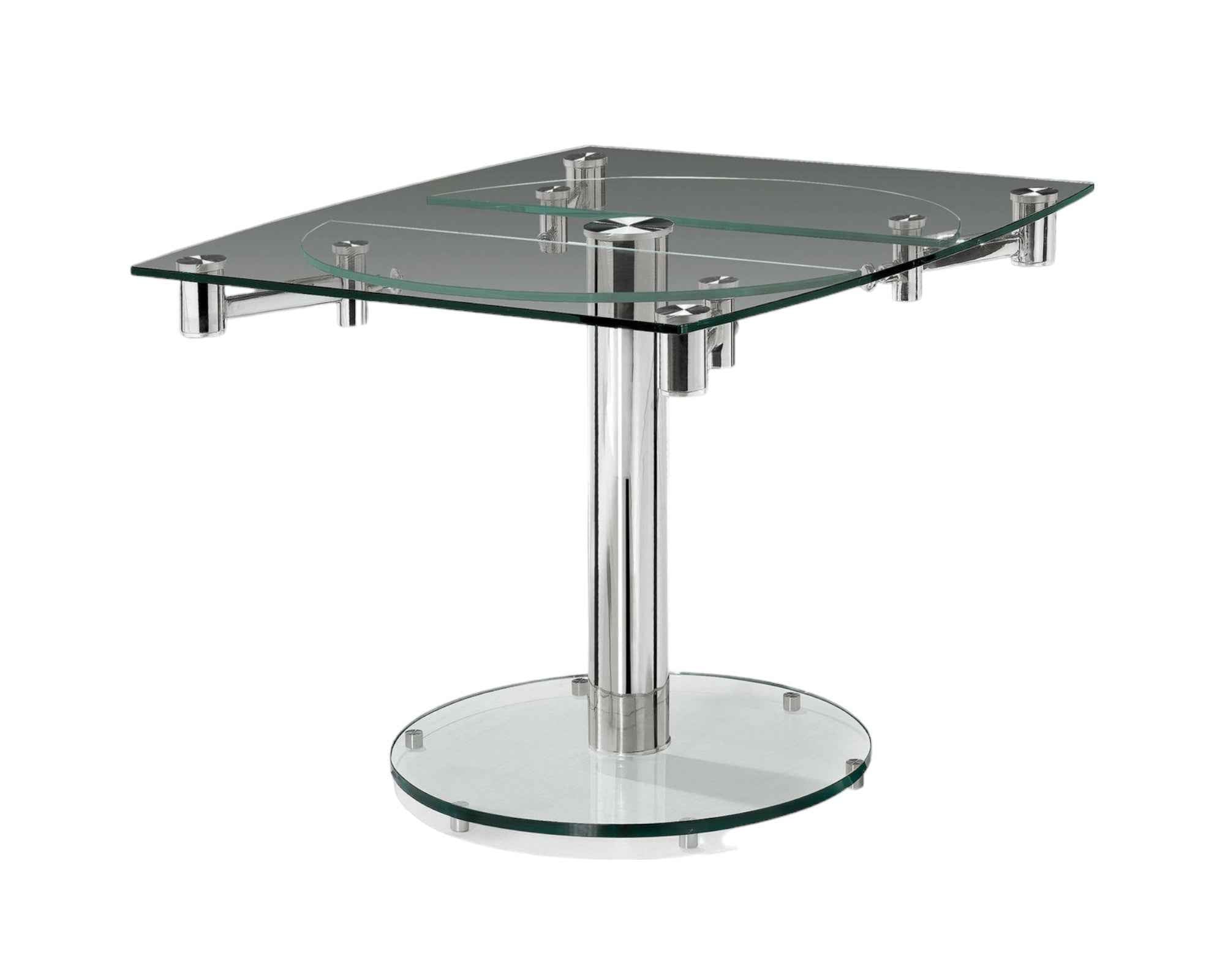 50" Clear And Silver Glass And Metal Self-Storing Leaf Pedestal Base Dining Table