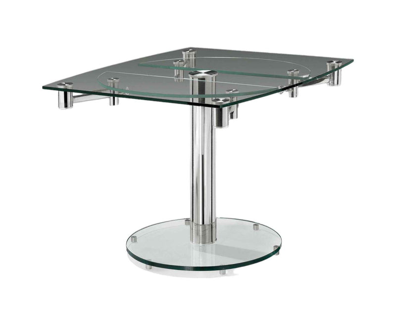 50" Clear And Silver Glass And Metal Self-Storing Leaf Pedestal Base Dining Table