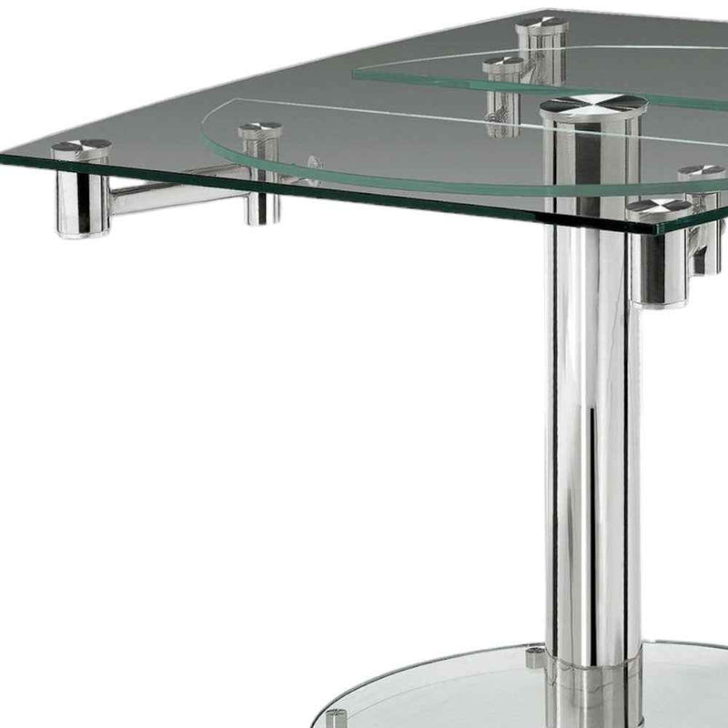 50" Clear And Silver Glass And Metal Self-Storing Leaf Pedestal Base Dining Table