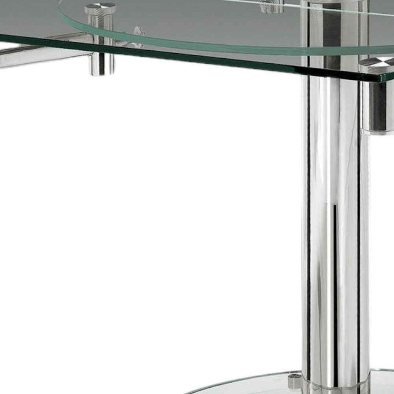 50" Clear And Silver Glass And Metal Self-Storing Leaf Pedestal Base Dining Table