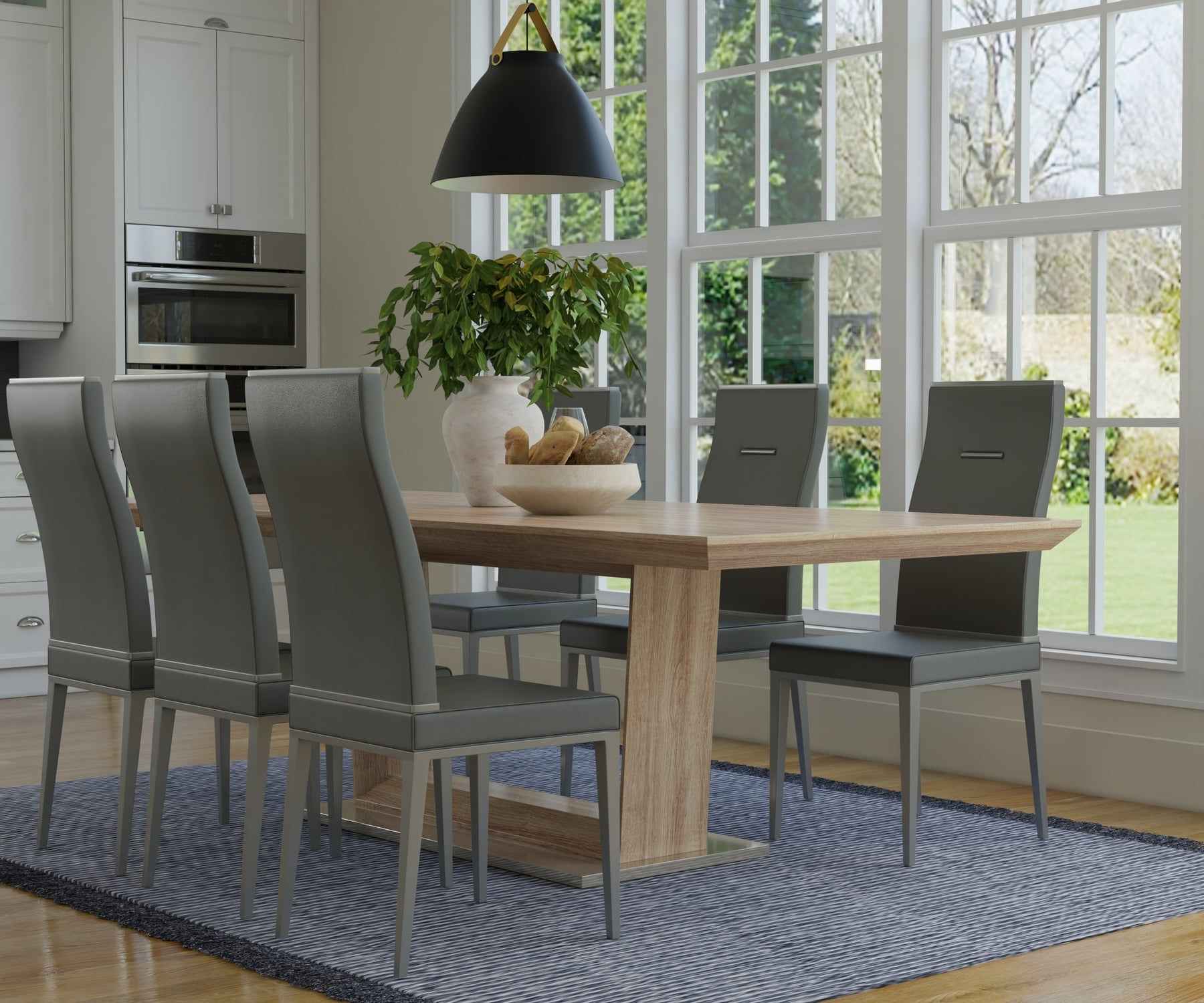 71" Gray Wood and Metal Self-Storing Leaf Pedestal Base Extendable Dining Table