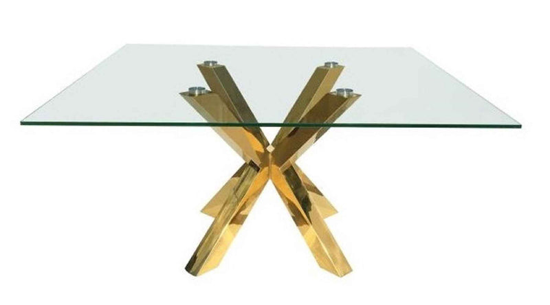 60" Clear and Gold Glass and Metal Cross Leg Base Square Dining Table