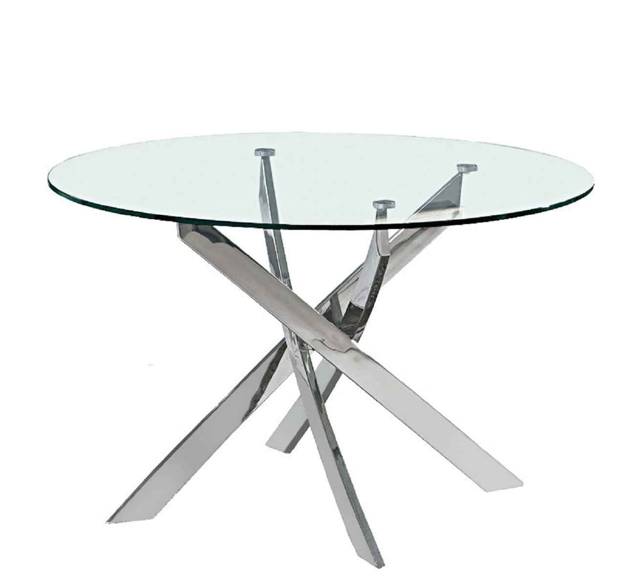 54" Clear and Silver Glass and Metal Cross Leg Base Round Top Dining Table