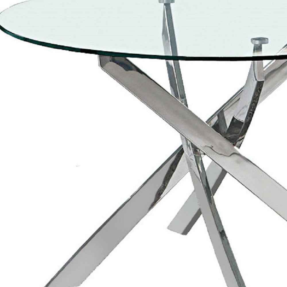 54" Clear and Silver Glass and Metal Cross Leg Base Round Top Dining Table