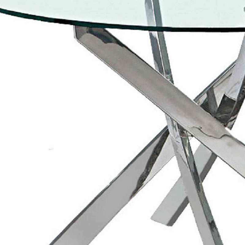 54" Clear and Silver Glass and Metal Cross Leg Base Round Top Dining Table