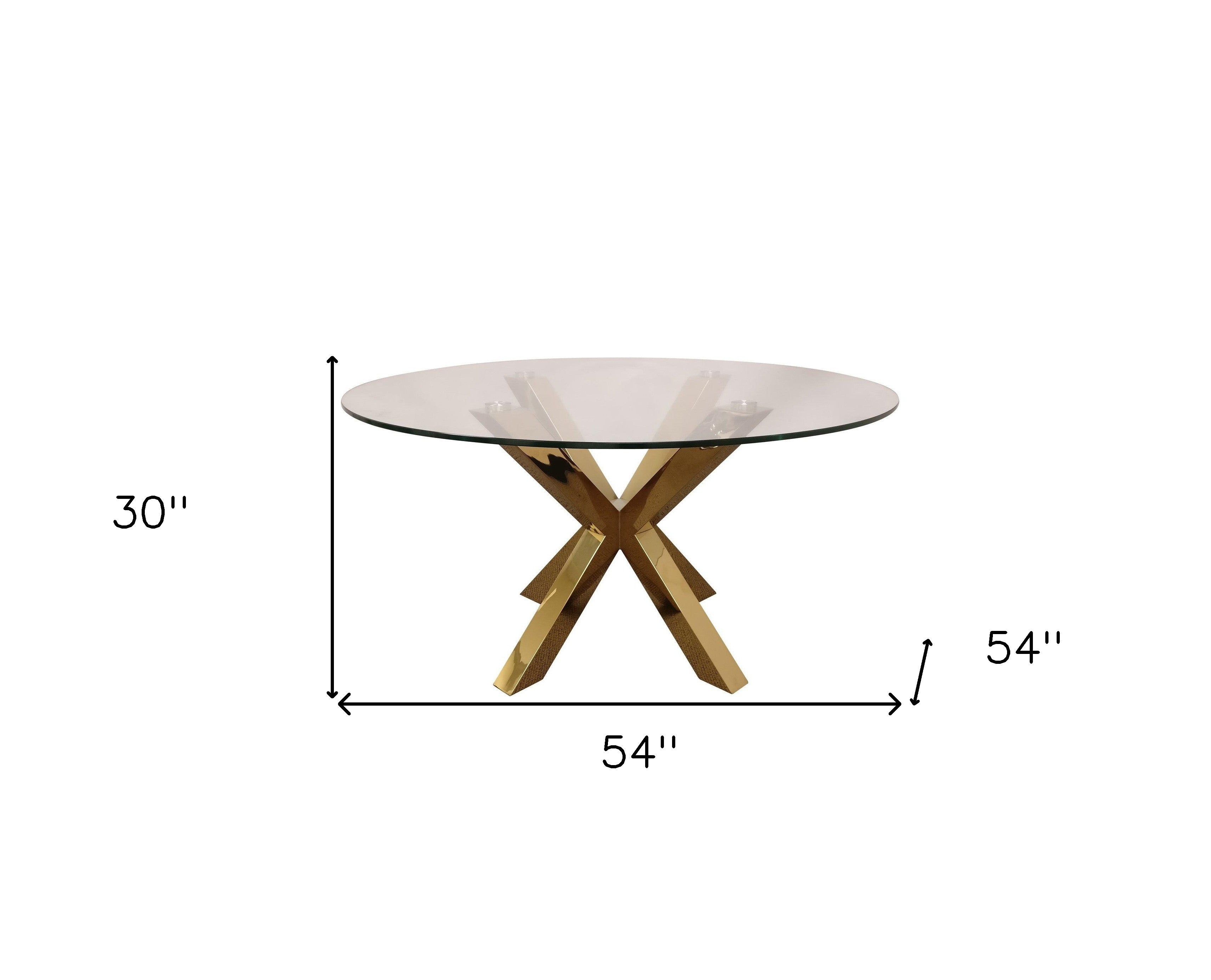 54" Clear and Gold Glass and Metal Cross Leg Base Round Top Dining Table Default Title