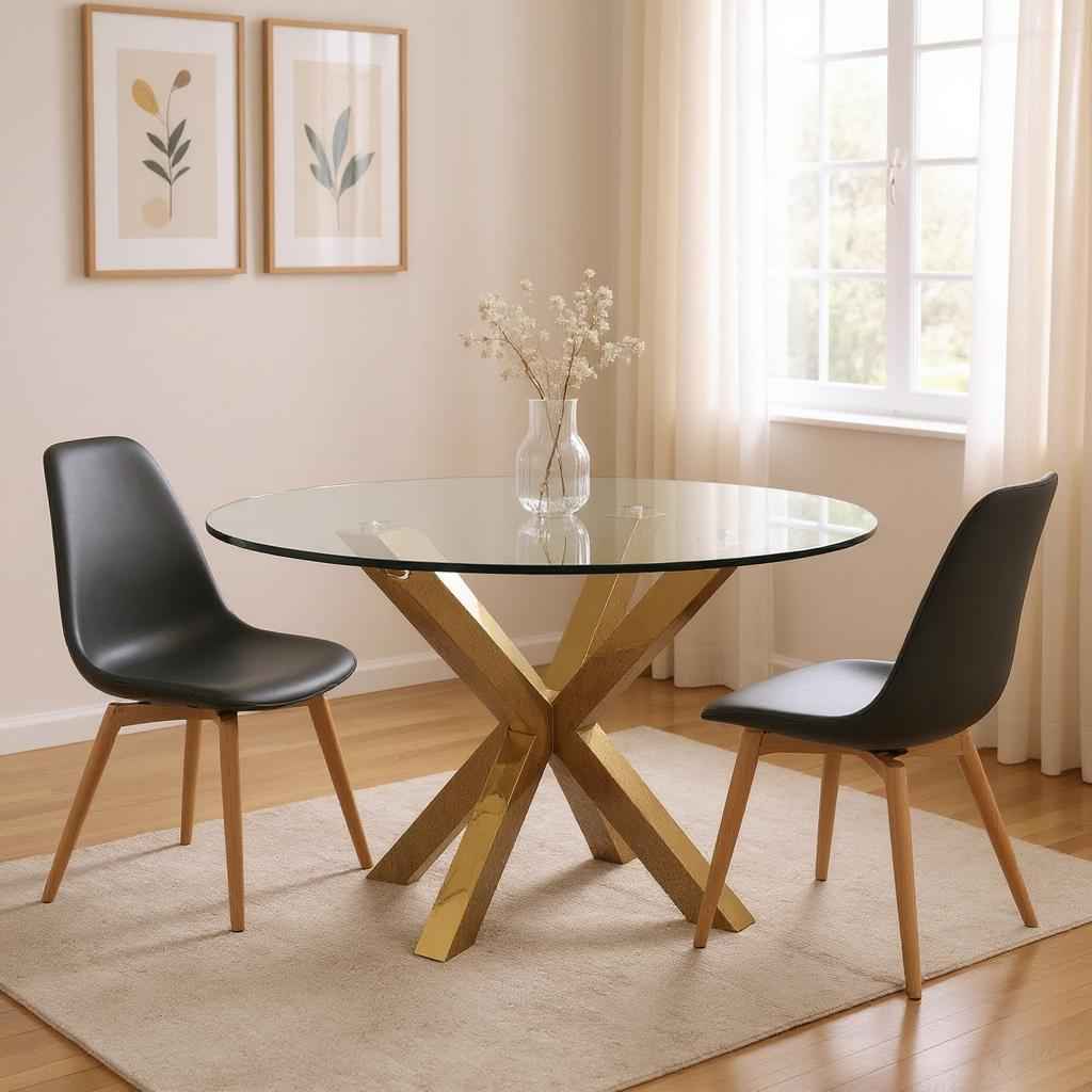 54" Clear and Gold Glass and Metal Cross Leg Base Round Top Dining Table