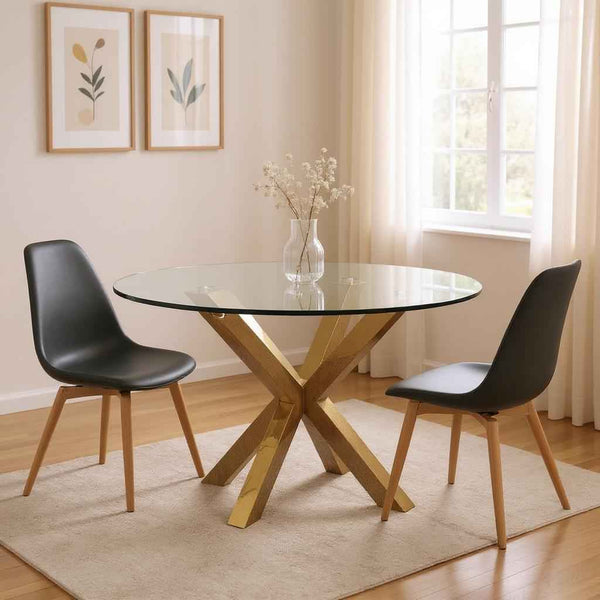 54" Clear and Gold Glass and Metal Cross Leg Base Round Top Dining Table