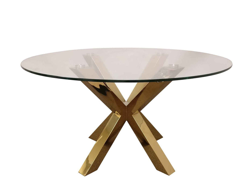 54" Clear and Gold Glass and Metal Cross Leg Base Round Top Dining Table