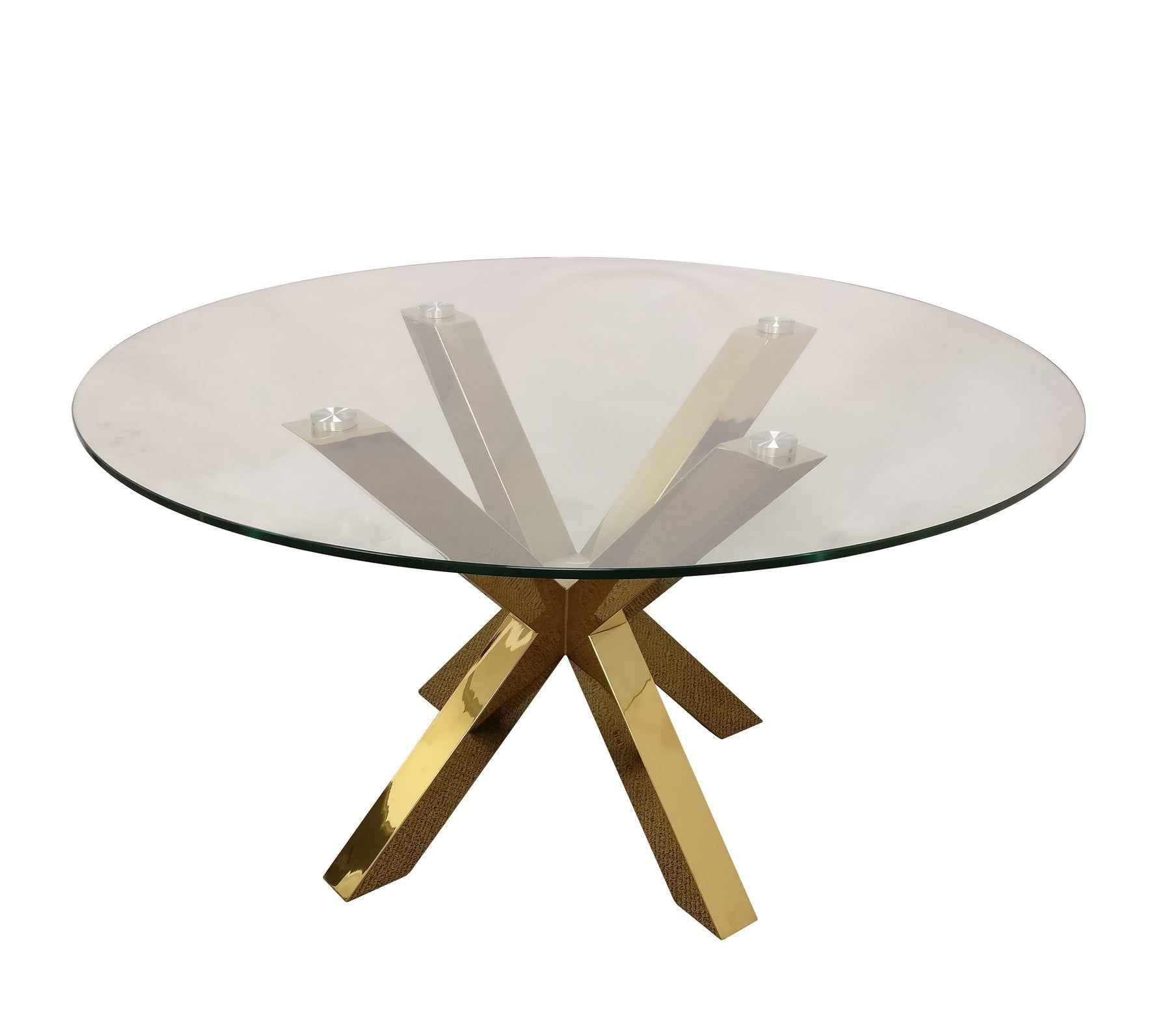 54" Clear and Gold Glass and Metal Cross Leg Base Round Top Dining Table