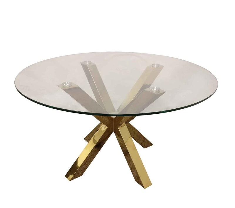 54" Clear and Gold Glass and Metal Cross Leg Base Round Top Dining Table
