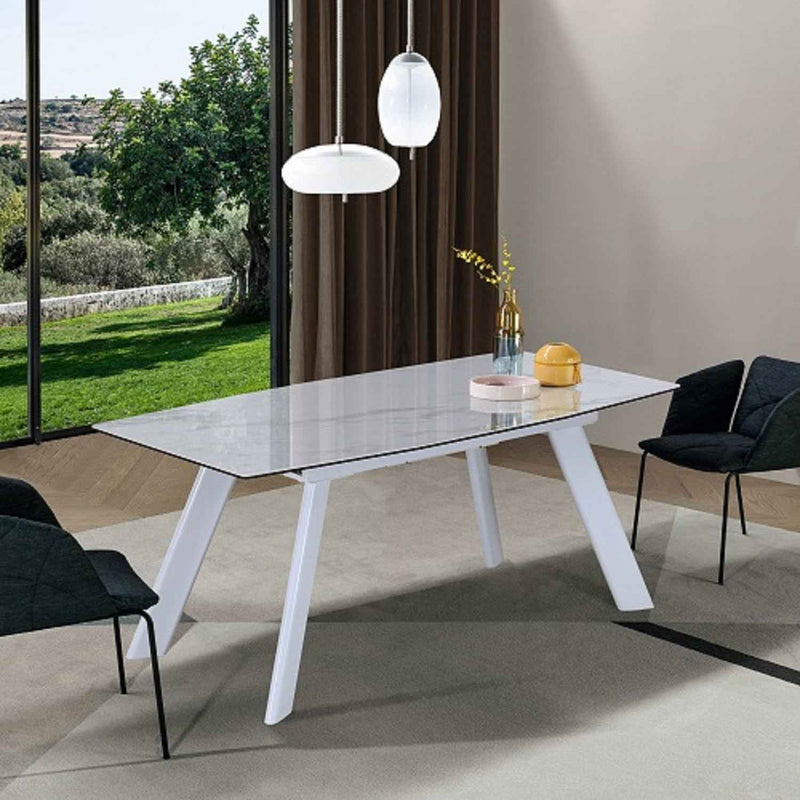 71" Gray and White Ceramic and Metal Self-Storing Leaf Extendable Dining Table