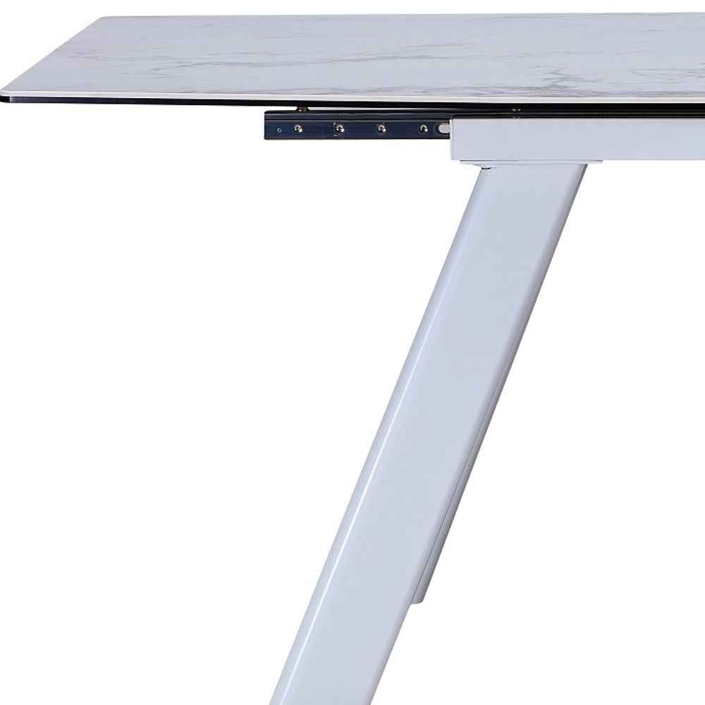 71" Gray and White Ceramic and Metal Self-Storing Leaf Extendable Dining Table