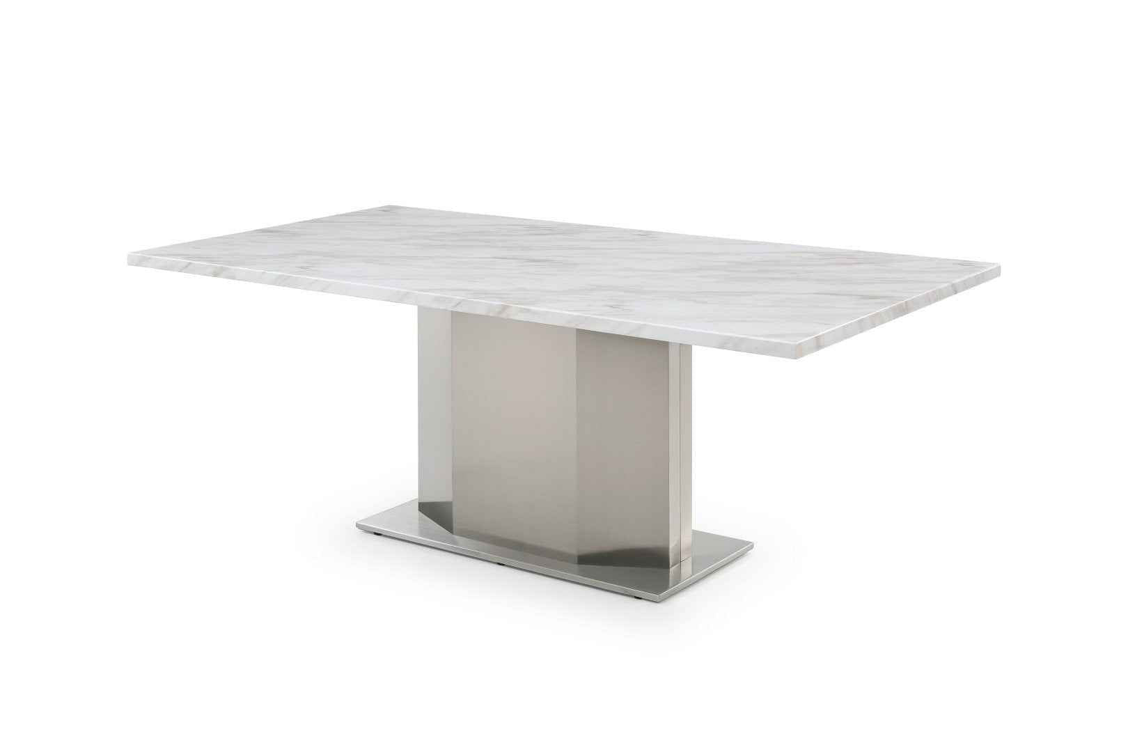 79" Gray White and Silver Marble and Stainless Steel Pedestal Base Dining Table