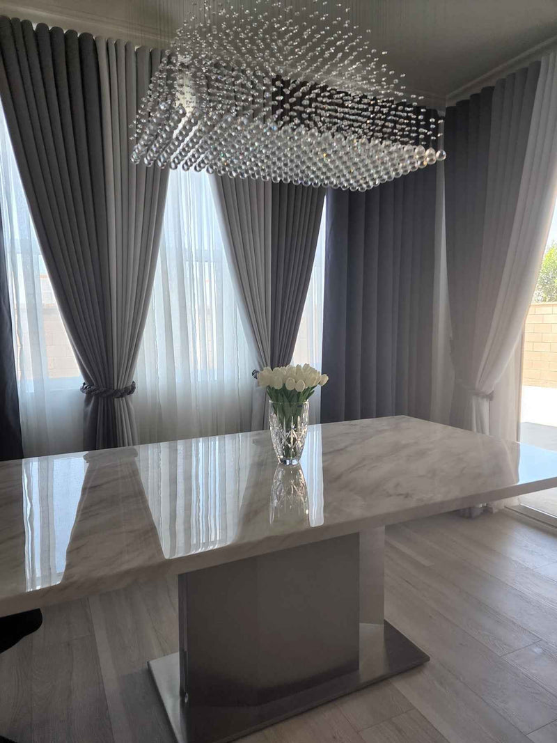 79" Gray White and Silver Marble and Stainless Steel Pedestal Base Dining Table