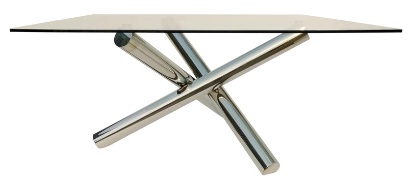60" Clear and Silver Glass and Metal Cross Leg Base Square Dining Table