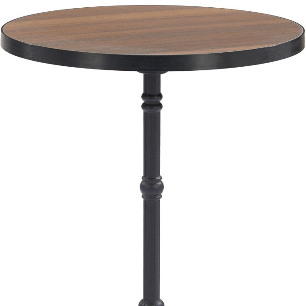 Round tabletop with dark walnut finish and black pedestal column support