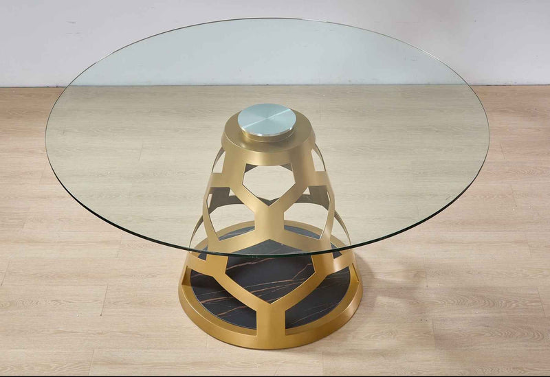 48" Clear And Gold Rounded Glass And Metal Pedestal Base Dining Table