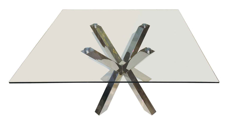 60" Clear and Silver Glass and Metal Cross Leg Base Square Dining Table