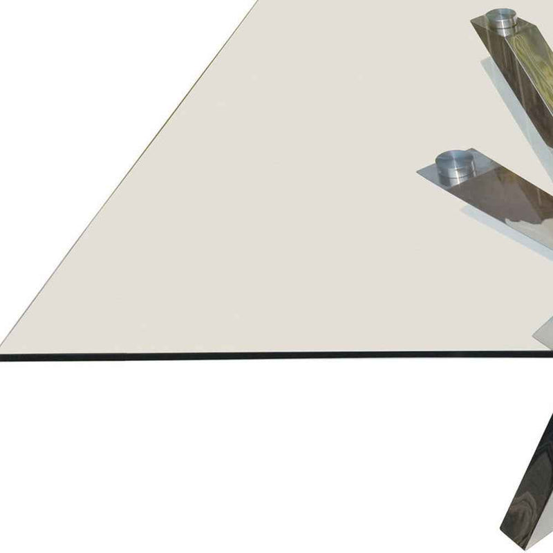 60" Clear and Silver Glass and Metal Cross Leg Base Square Dining Table