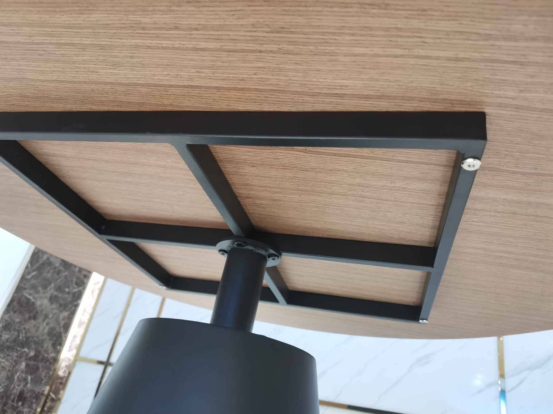 48" Brown and Black Wood and Metal Pedestal Base Round Top Dining Table