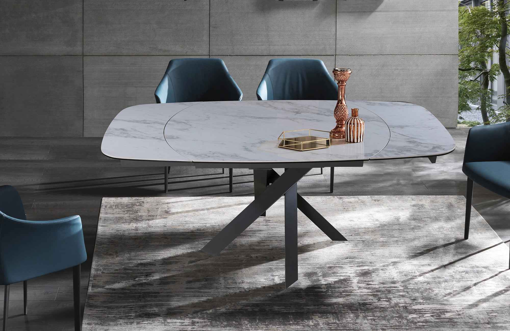 47" Gray and White Ceramic and Metal Self-Storing Leaf Cross Leg Base Oval Extendable Dining Table