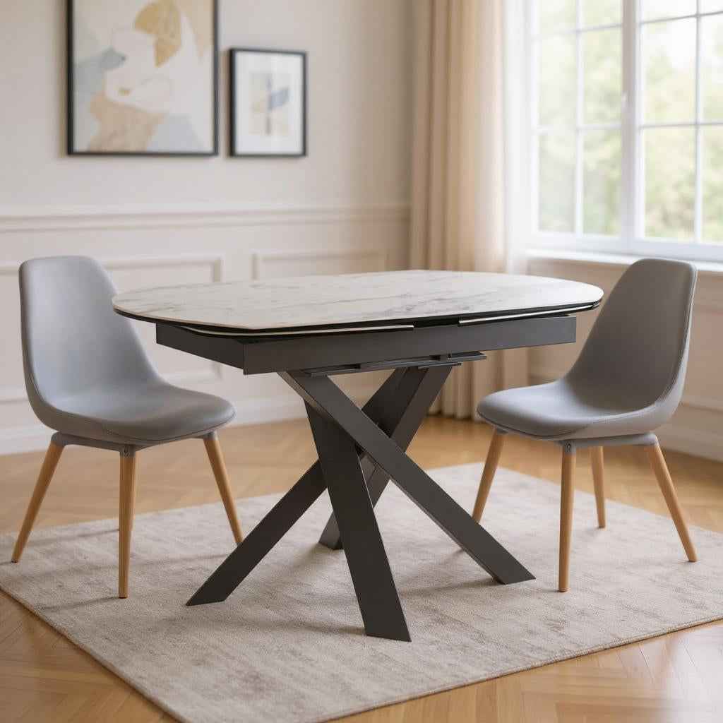 47" Gray and White Ceramic and Metal Self-Storing Leaf Cross Leg Base Oval Extendable Dining Table