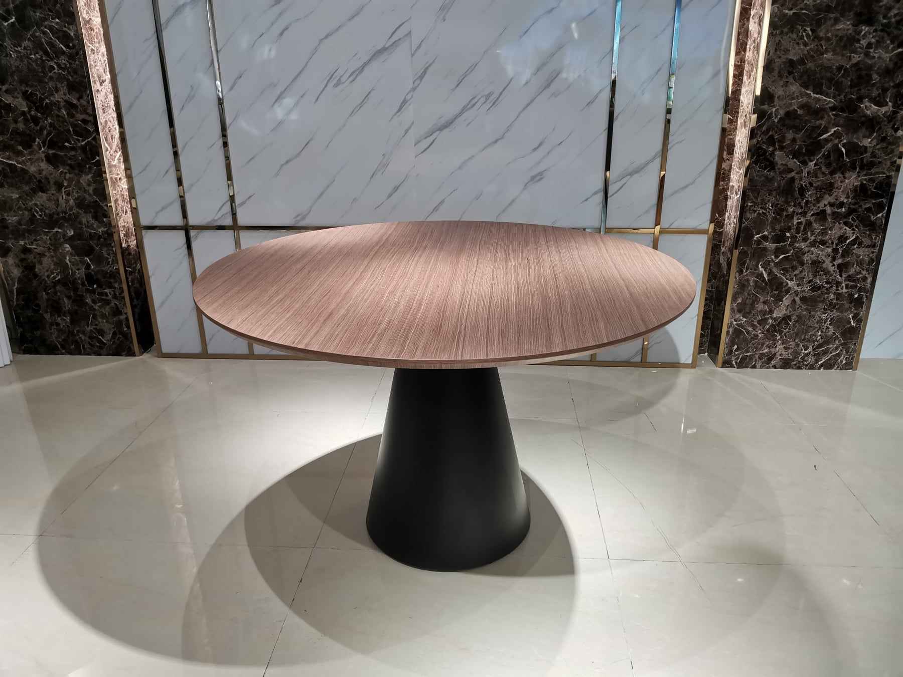 48" Brown and Black Wood and Metal Pedestal Base Round Top Dining Table