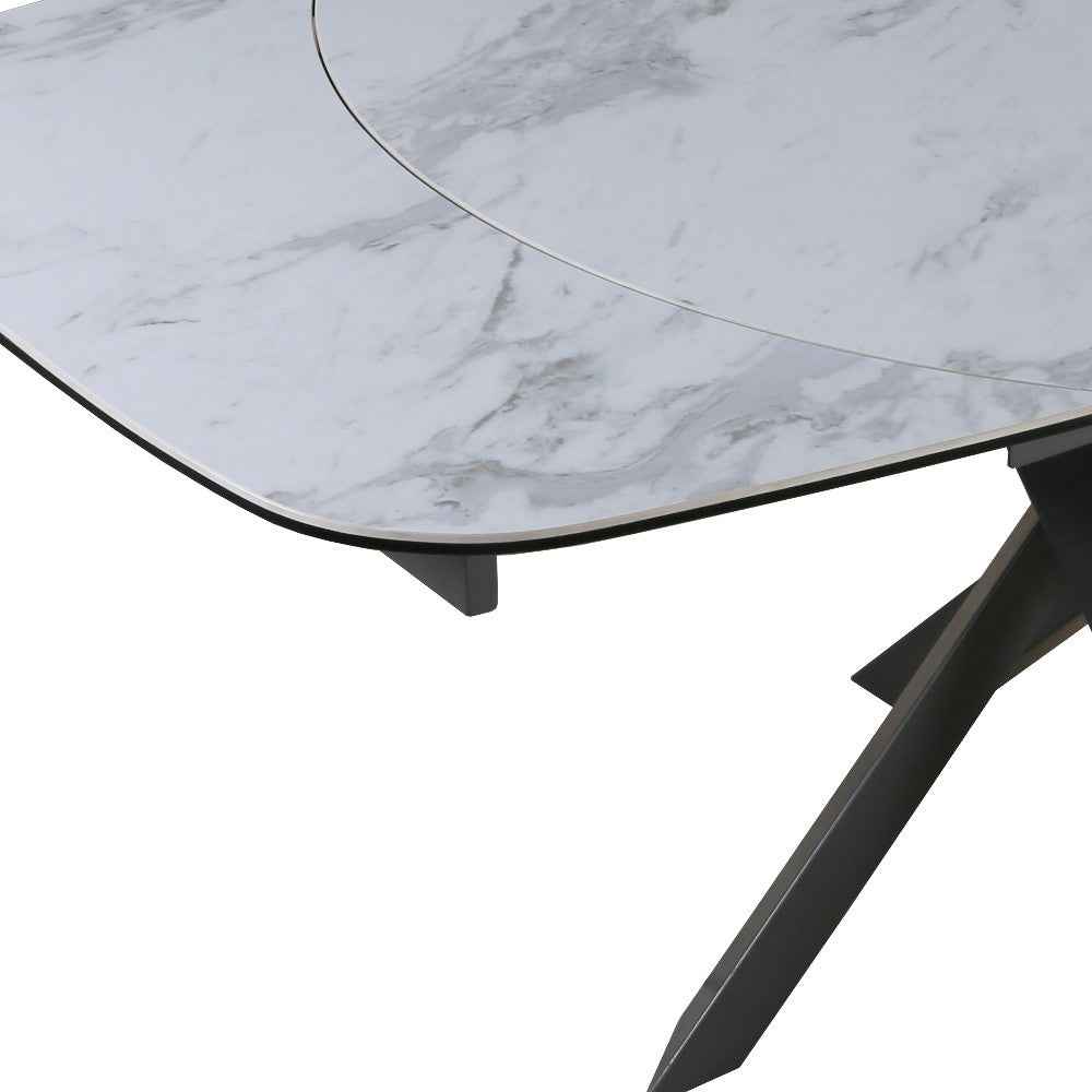 47" Gray and White Ceramic and Metal Self-Storing Leaf Cross Leg Base Oval Extendable Dining Table