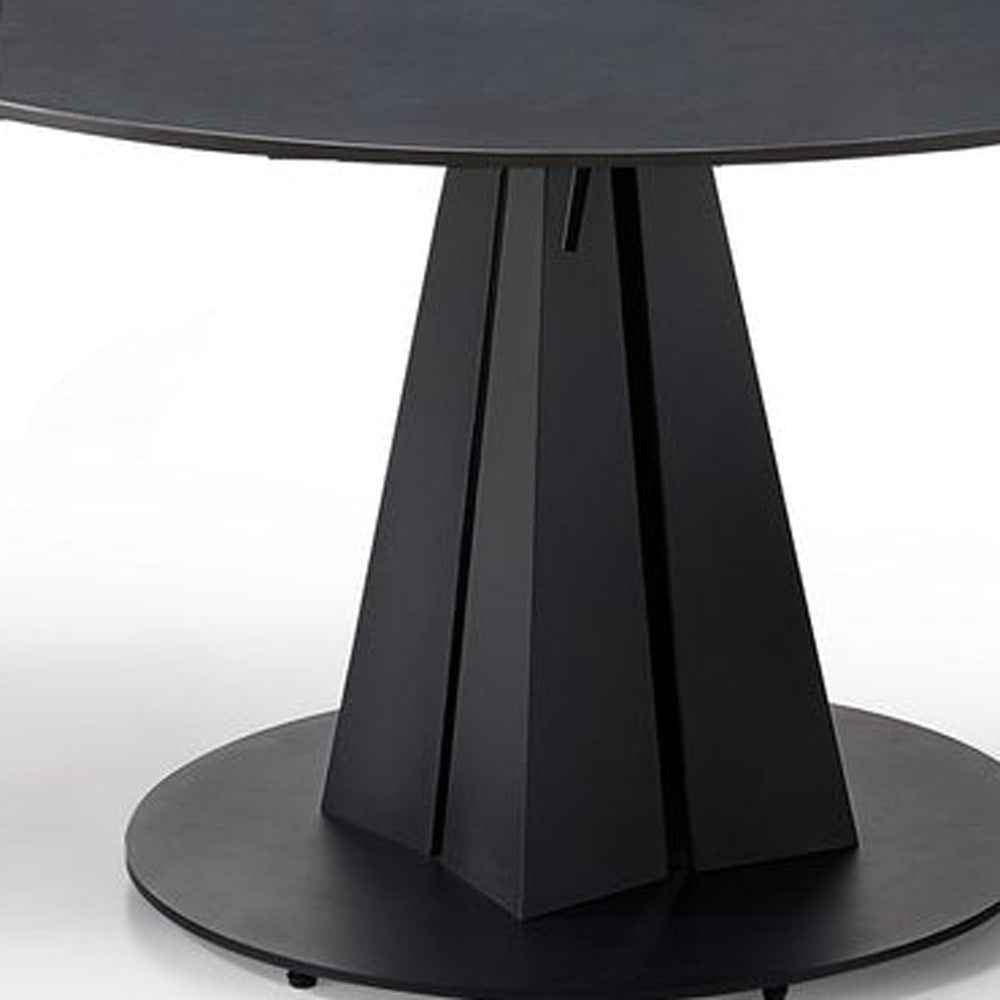 51" Black Stone and Metal Self-Storing Leaf Pedestal Base Round Top Extendable Dining Table