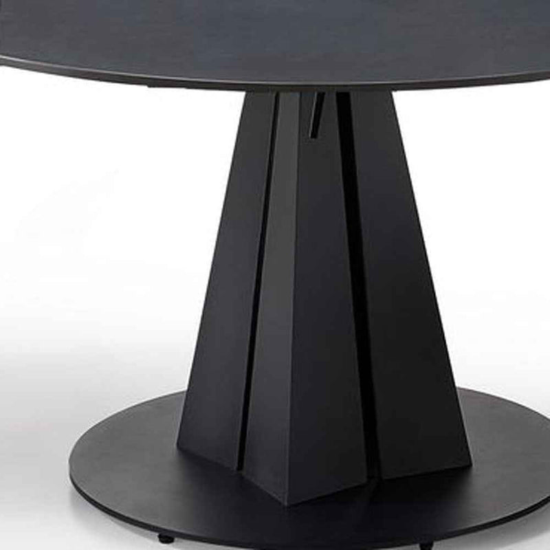 51" Black Stone and Metal Self-Storing Leaf Pedestal Base Round Top Extendable Dining Table