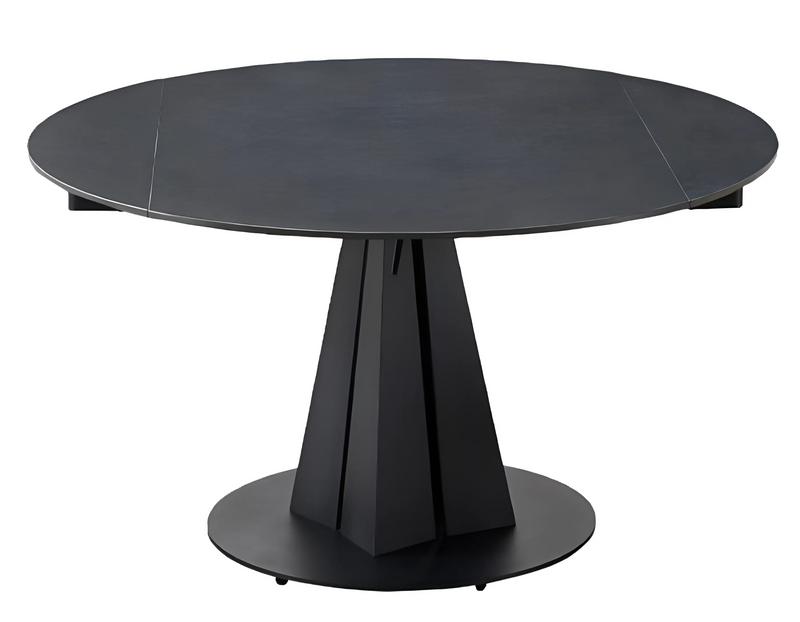 51" Black Stone and Metal Self-Storing Leaf Pedestal Base Round Top Extendable Dining Table