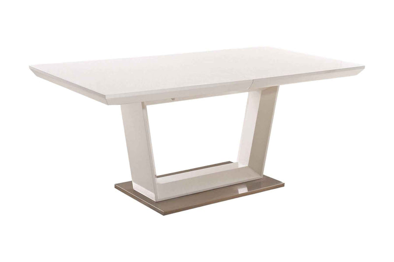 71" White Wood and Metal Self-Storing Leaf Pedestal Base Extendable Dining Table
