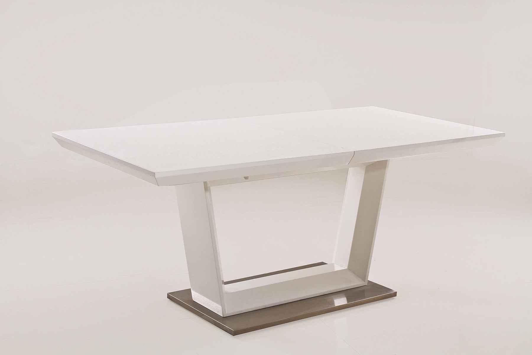 71" White Wood and Metal Self-Storing Leaf Pedestal Base Extendable Dining Table