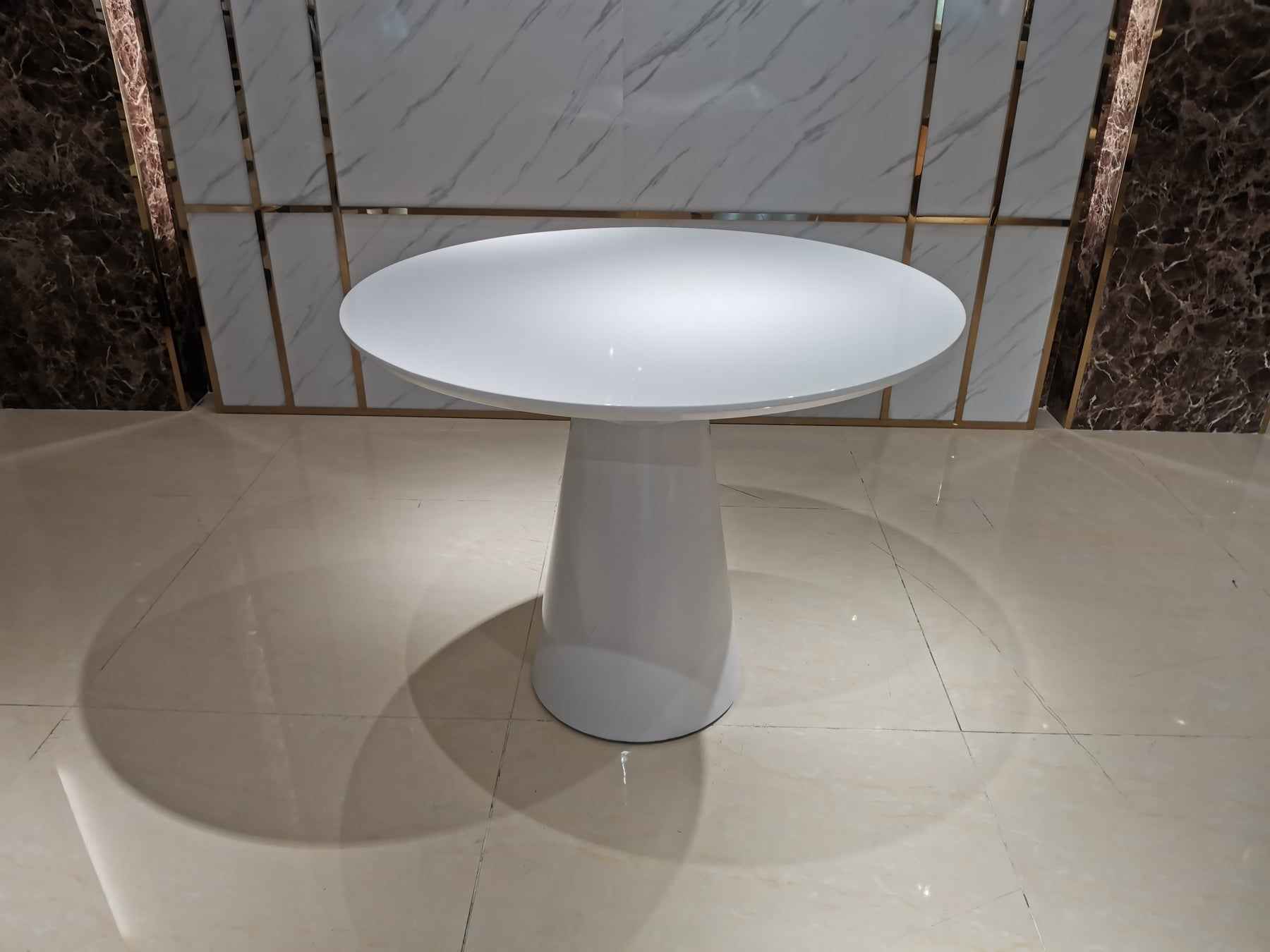 42" White Wood and Metal Pedestal Base Round Top Dining Table