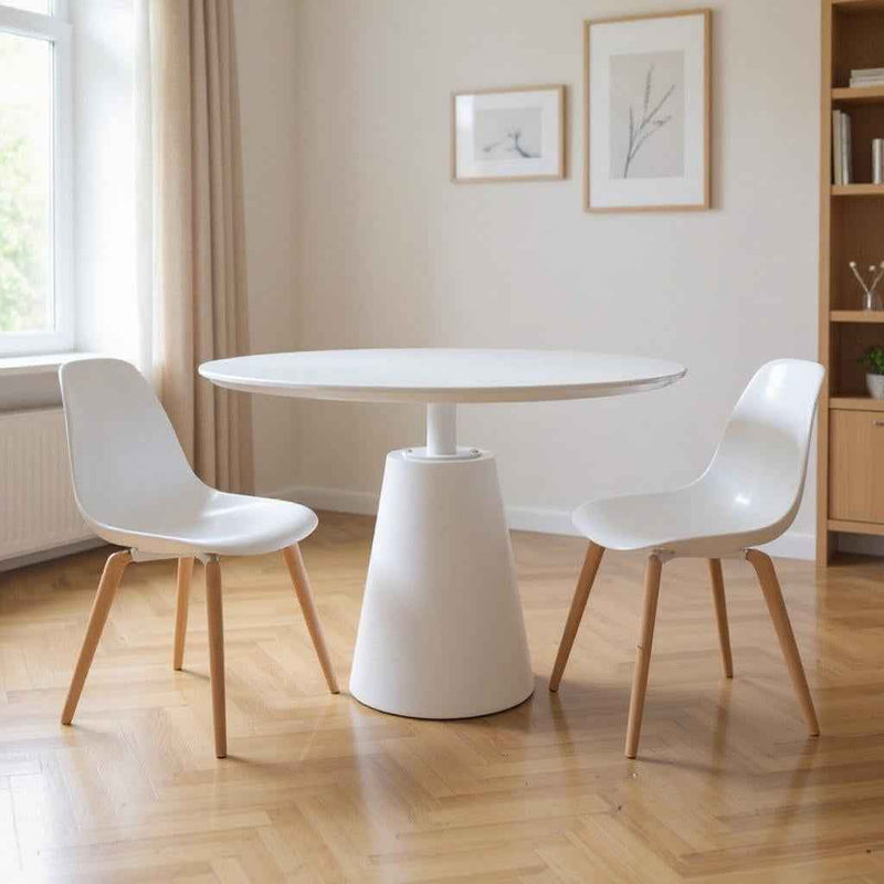 42" White Wood and Metal Pedestal Base Round Top Dining Table