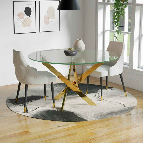 54" Clear and Gold Glass and Metal Cross Leg Base Round Top Dining Table