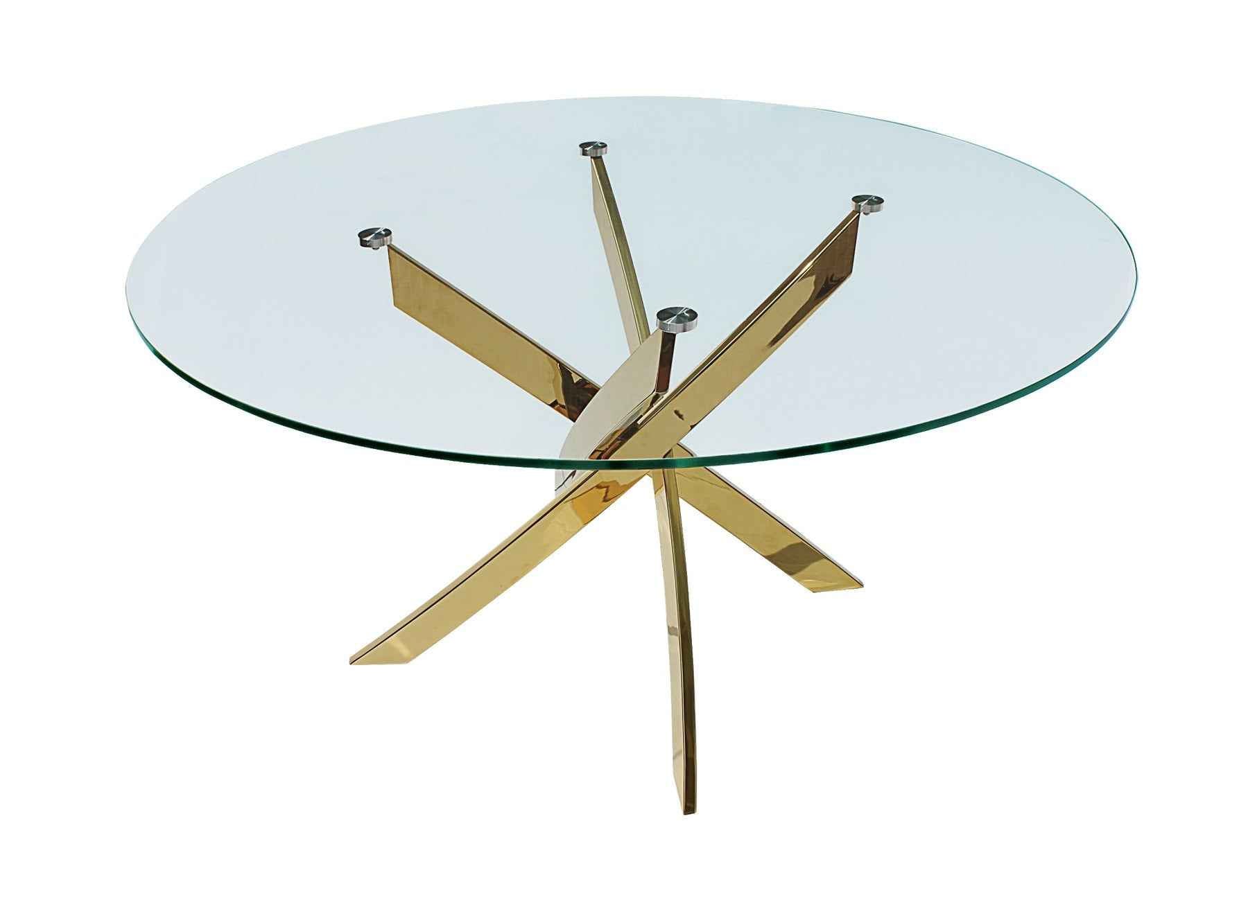 54" Clear and Gold Glass and Metal Cross Leg Base Round Top Dining Table